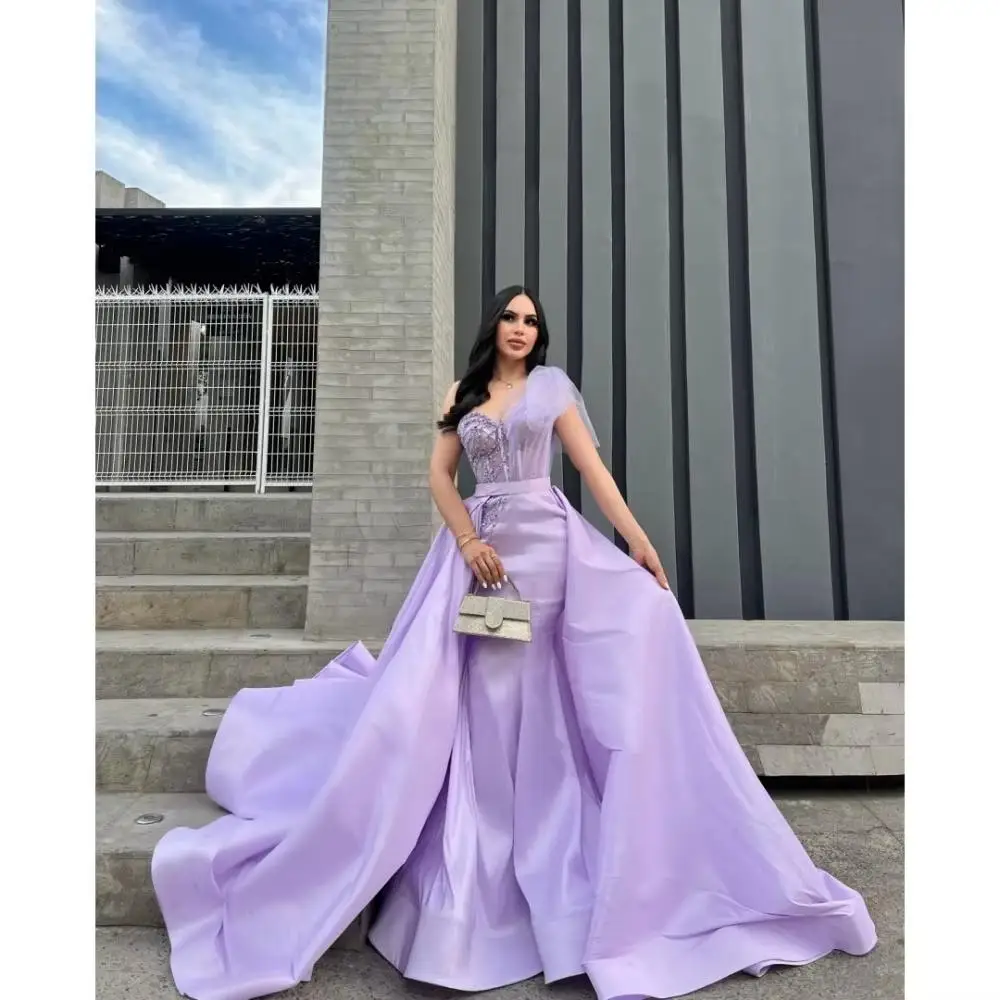 

Purple Sequin Beaded A-Line One-Shoulder Prom Dress Sleeveless Sweetheart Removable Train Wedding Party Dress Pleated Customized