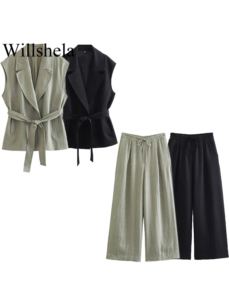 Willshela Women Fashion Two Piece Set Solid V-Neck Single Breasted Tank Tops & Vintage Straight Leg Pants Female Chic Pants Suit