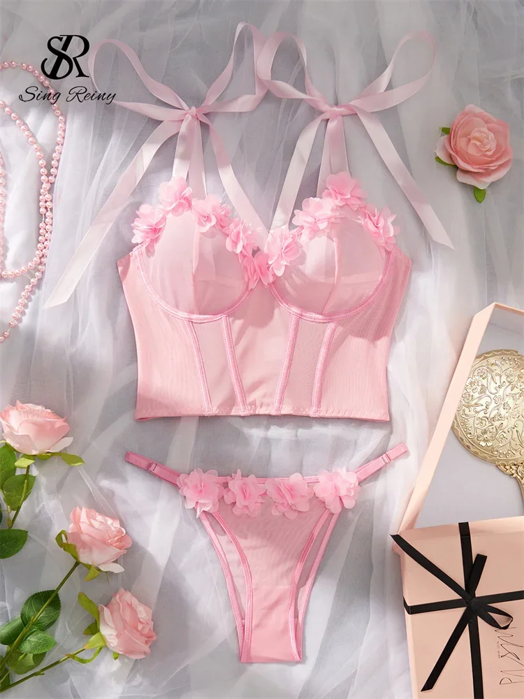 SINGREINY 3D Floral Mesh Sexy Lingerie Suits Bow Strap Slim Corset+Mini Briefs Ladies American Sheer Underwear Two Pieces Sets