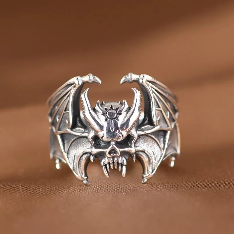 Buyee 925 Sterling Silver Male Big Ring Finger Elegant Gary Bat Open Ring for Woman Men Unique Fashion Fine Jewelry Circle