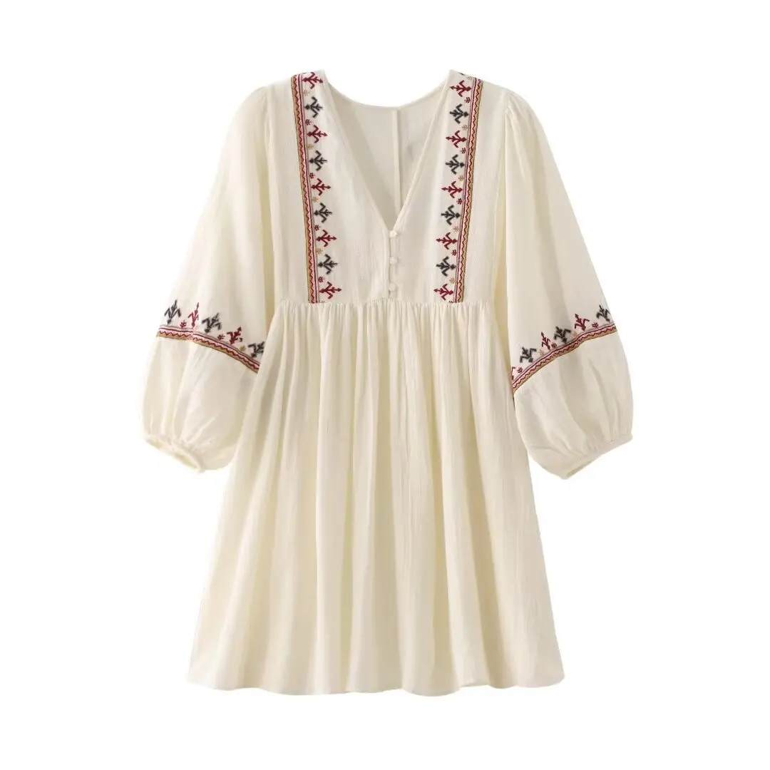 Women’s Loose Fit Short Dress – V-Neck Embroidered Panel Mini Dress, Casual Flowy Boho Style Tunic Dress