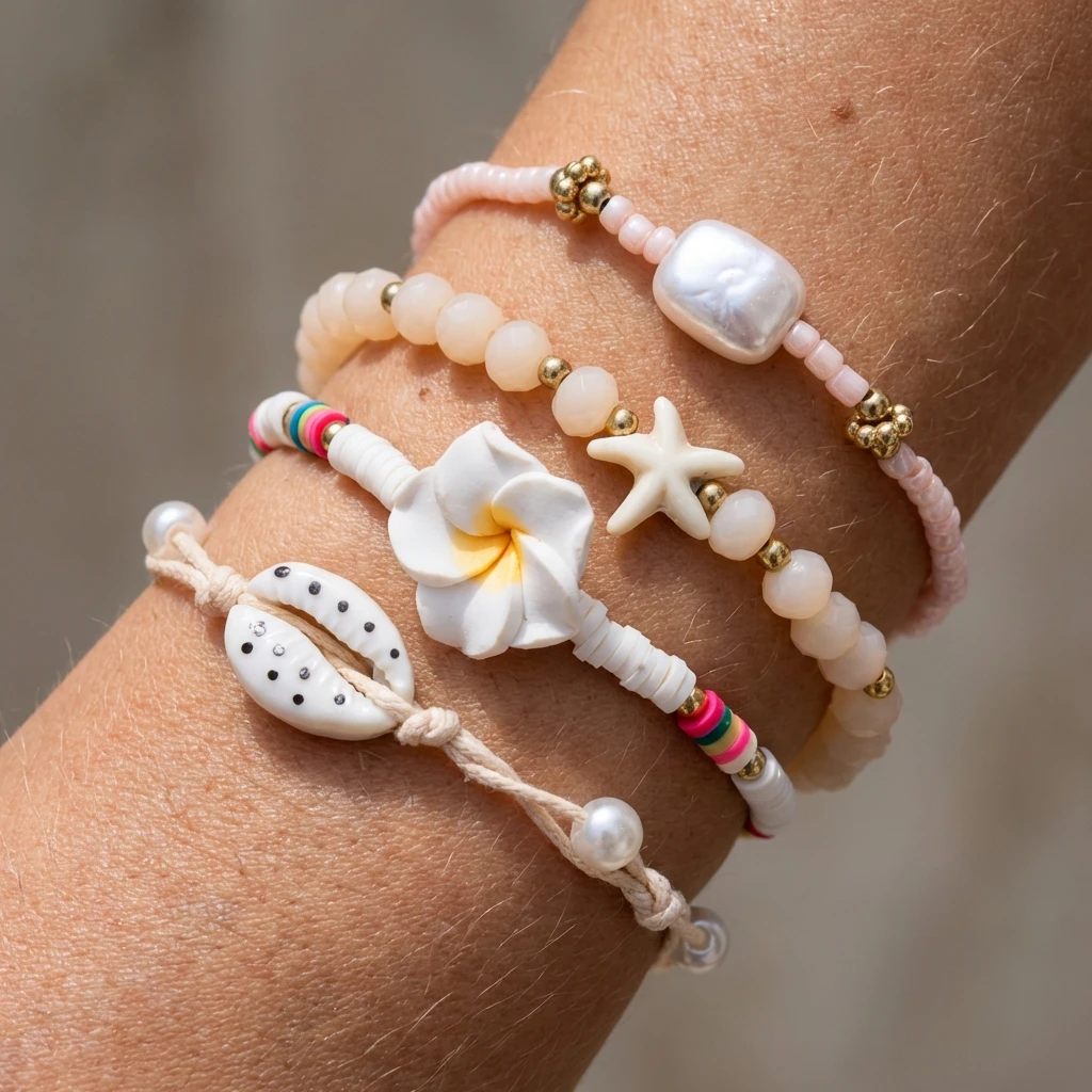 2 Pcs/Set Multicolor Polymer Clay Beads Bracelets for Women Bohemian Flower Charm Elastic Chain Set Summer Jewelry Vacation Gift view 4