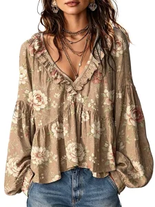 Blusa de outono com decote em V, camisa de manga comprida para mulher, blusa de primavera, peça casual, elegante, moderna, para usar no dia a dia e em