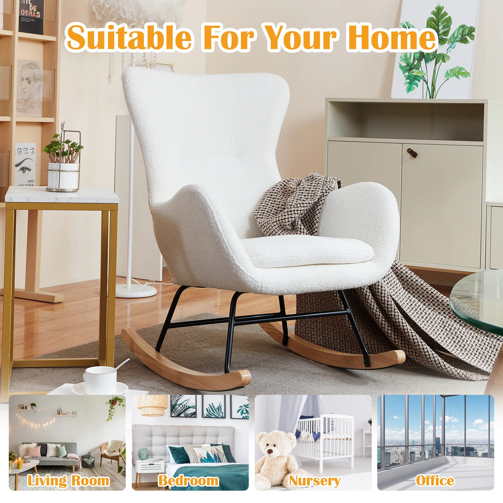 Nursery  Rocking Chair,Upholstered Glider Rocker with High Backrest for Living Rooms, Bedroom