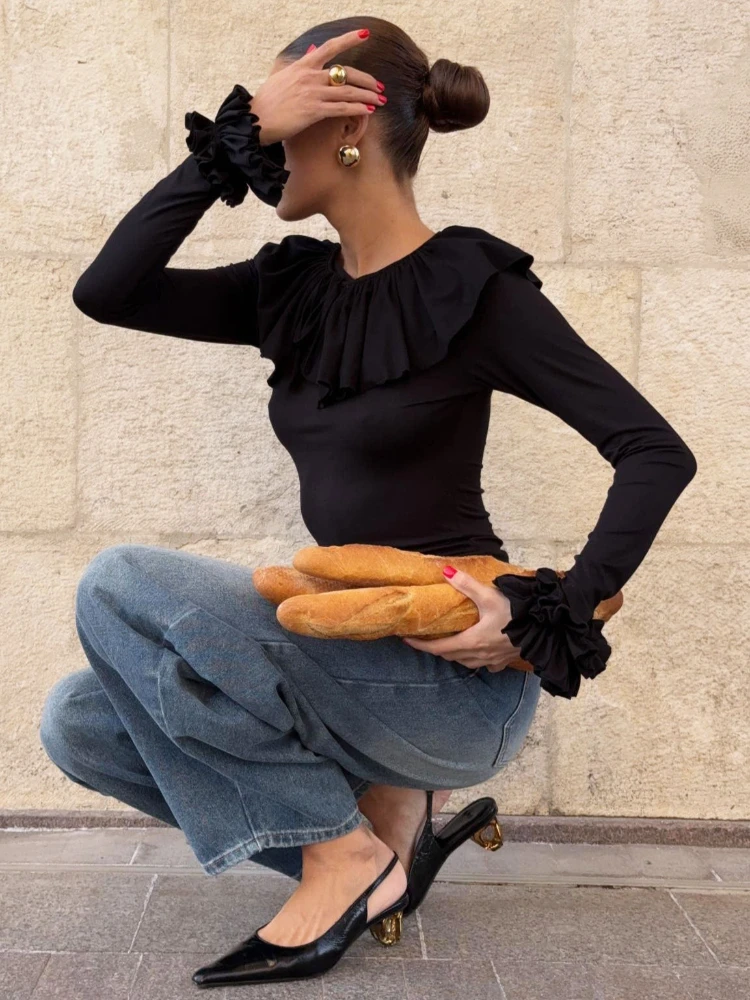 Women’s Hollow Out Round-Neck Flounce Crop Top - Y2K Style