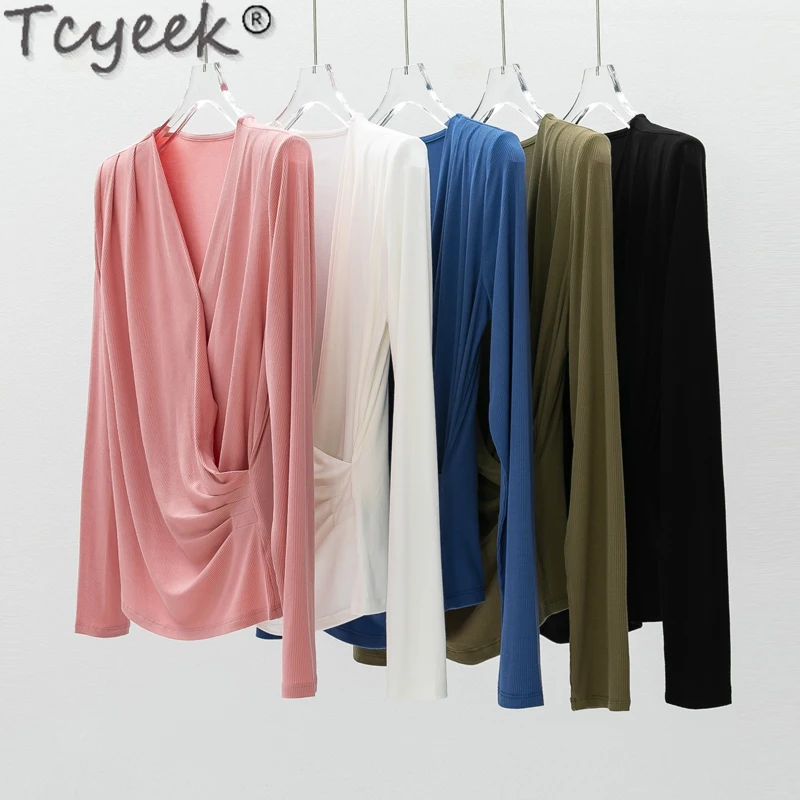 

Tcyeek 6% Mulberry Silk T-shirts for Women Spring Summer Clothes Fashion Long Sleeve Top Slim Fit Solid T-shirt Sexy Womens Tops