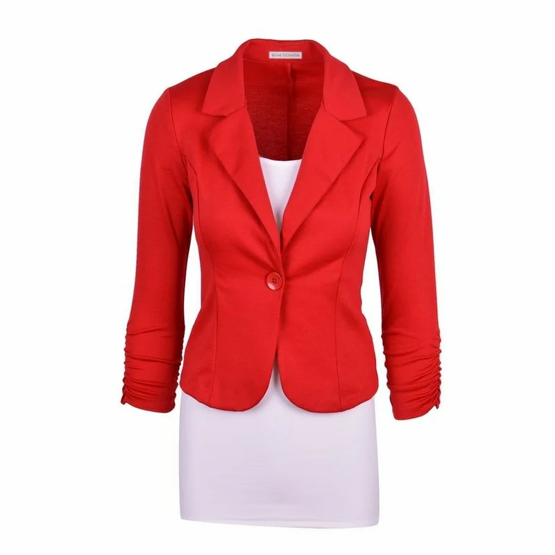 Mulheres Vermelho Único Botão Fino Curto Blazer Cores Sólidas Oversized Ternos de Manga Longa Senhora Do Escritório 2023 Nova Moda Trabalho Desgaste