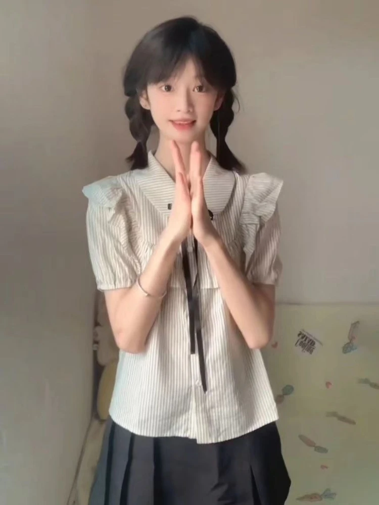 Camicie Donna Stile Preppy Chic Estate Dolce a righe Trendy High Street Mujer Blusas Casual Manica corta Semplice Carino Tutto-fiammifero