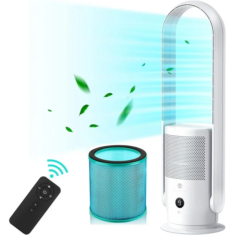 QWU ULTTY Bladeless Tower Fan and Air Purifier in one,True HEPA Filter 99.97% Smoke Dust Pollen Dander,Oscillating Tower Fan wit