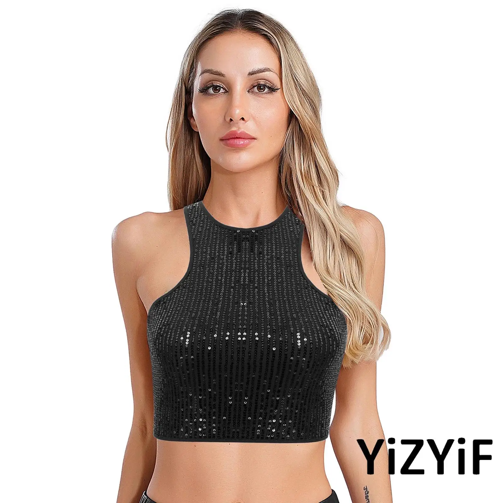

Womens Hiphop Crop Tops Glitter Sequin Crew Neck Crop Tank Tops Racer-back Sleeveless Slim Fit Vest for Streetwear Clubwear Bar