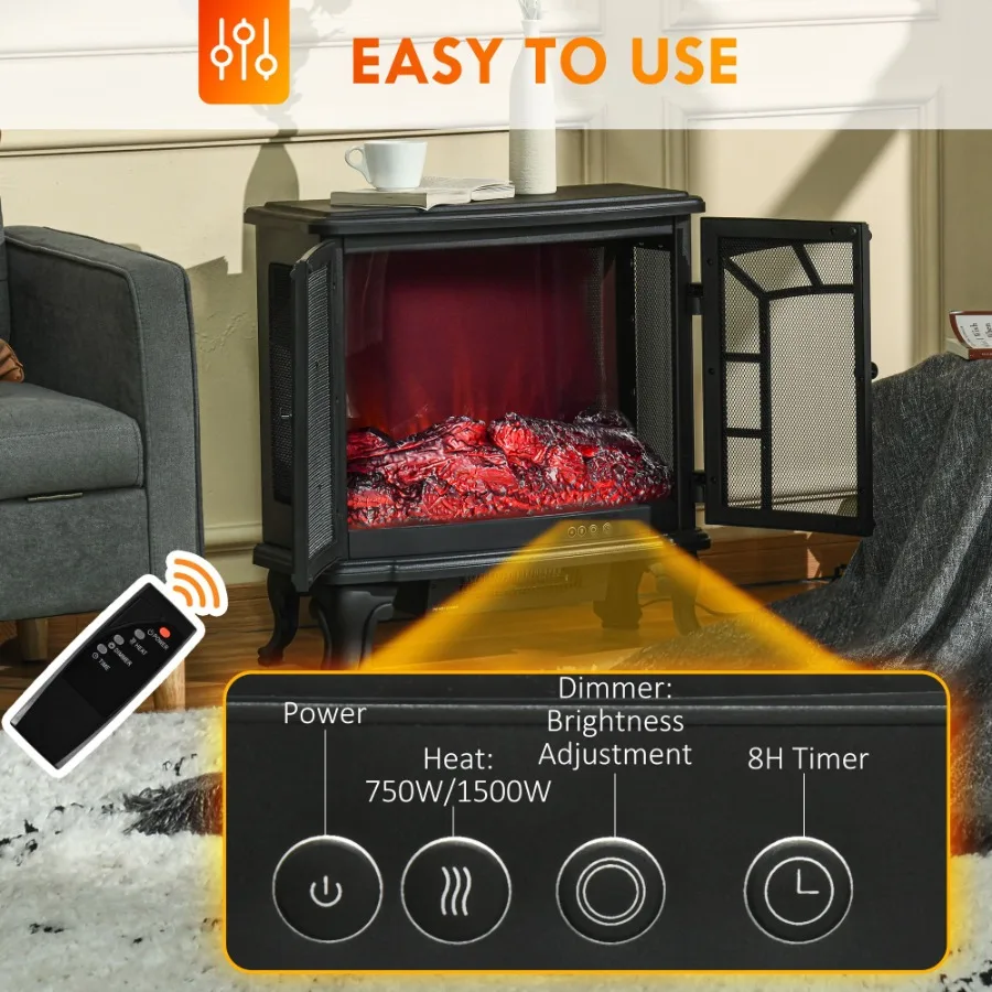 Electric Fireplace Heater Fireplace Stove with Realistic LED Flames and Logs Remote Control and Overheating Protection 750W/150