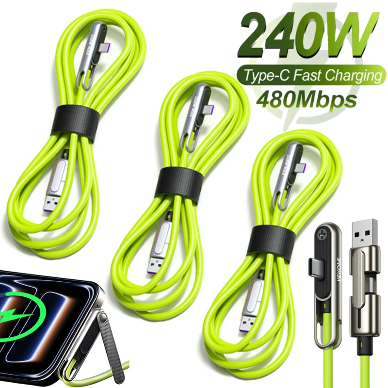 1-3Pcs 240W Fast Charging USB Type C Data Cable with Invisible Phone Holder Game Charger Cord Dual TypeC Head Stand for Home Car