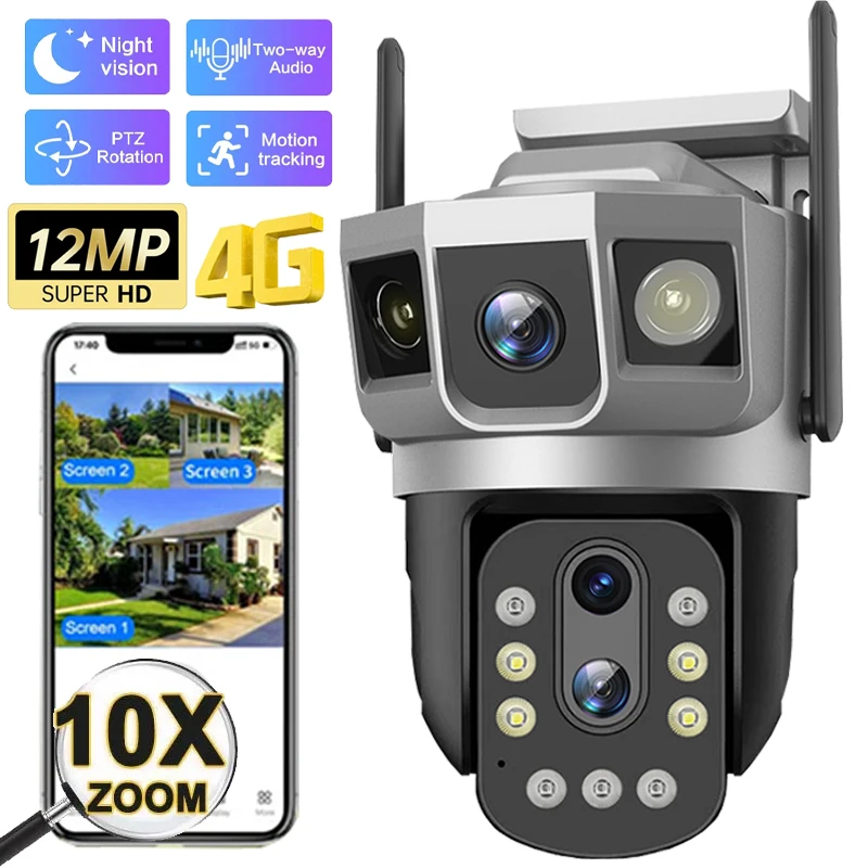 

12MP Three Screen Camera 4G 10X Optical Zoom Outdoor Surveillance Color Night Vision Security Protection Smart Home IP Cameras