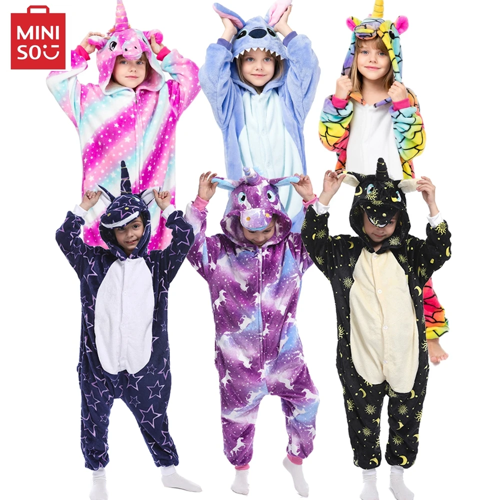 MINISO children unicorn pajamas kids stitch pijamas boys animal jumpsuits baby girls flannel kigurumi onesies for winter