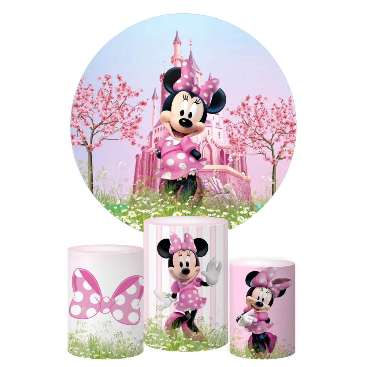 Disney círculo redondo capa rosa bebê minnie mouse festa backdrops fundo decoração de parede de aniversário das crianças capas de mesa