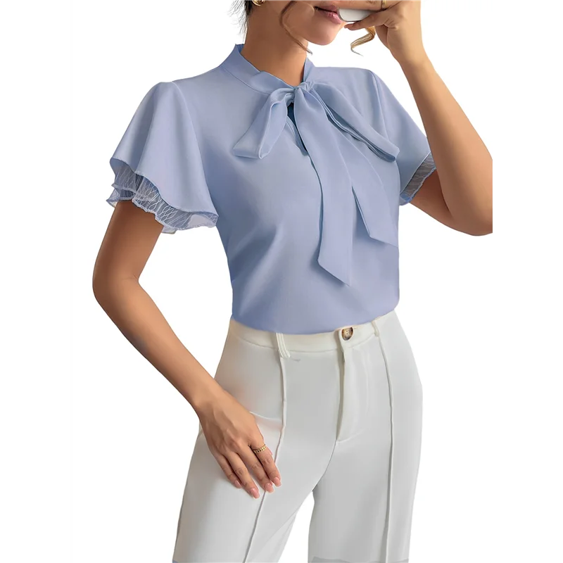 

Women's Tie Neck Blouse Ruffle Cap Sleeve Elegant Work Office Shirt Tops