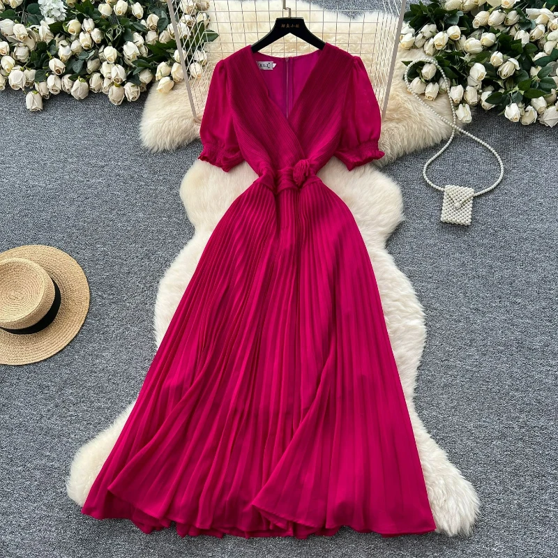 

Women Pleated Long Dress Solid V Neck Puff Sleeve Dress High Waist Spliced Elegant A Line Vestidos Casual Office Lady Party