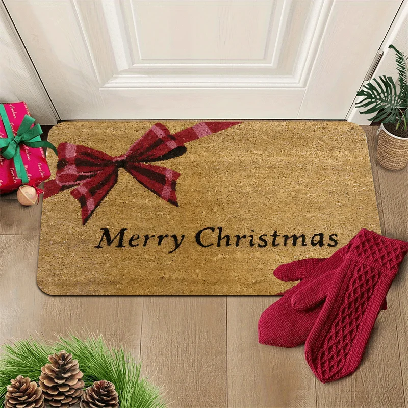 

Merry Christmas Doormat Carpet, Red Plaid Bow Golden Lettering Outdoor Entry Mat, Machine Washable for Porch Front Door Decor