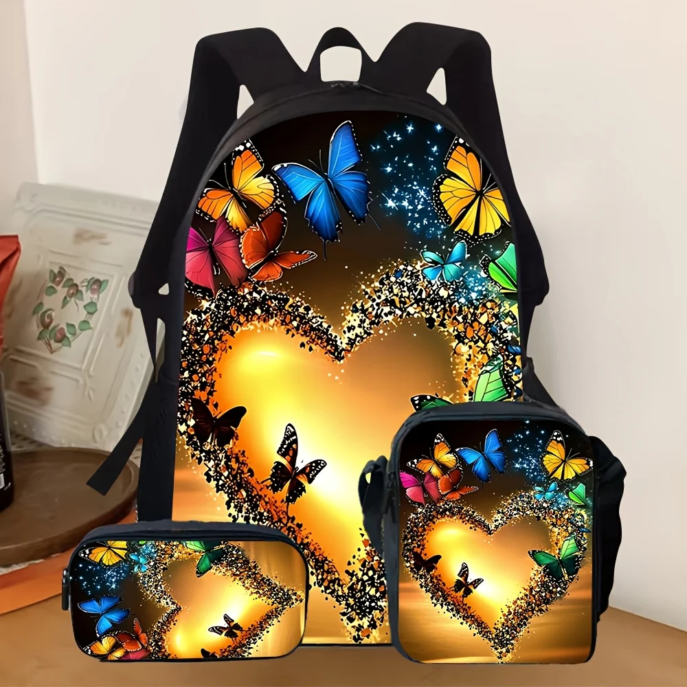 

3pcs [2D Flat] Backpack Set, Butterfly Heart Print School Backpack with Lunch Bag & Pencil Case, Casual Daypack for Girls Boys D