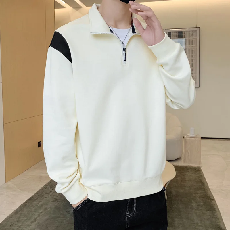 

Loose Fit Men's Hoodie Spring Autumn Trendy Brand Simple Color Block Collared Shirt Versatile Top Quality Polyester Fiber