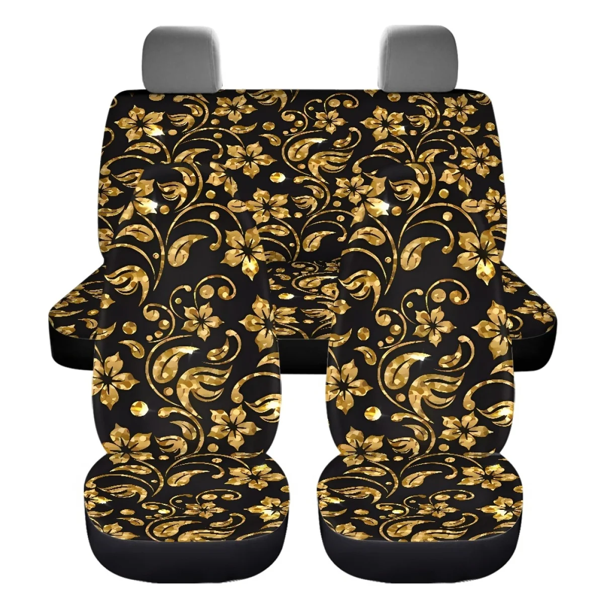 7Pcs Car Accessories Golden Ballot Flowers Print Auto Front Back Seat Cover Seat Belt Steering Wheel Covers Unisex Brand Design