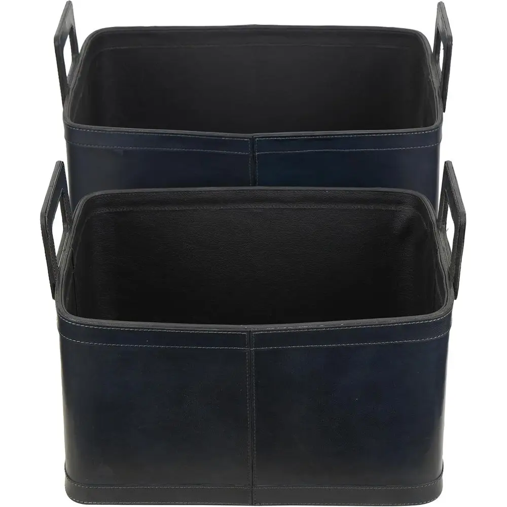 Set of 2 Dark Blue Leather Storage Baskets with Handles, 19 x 17
