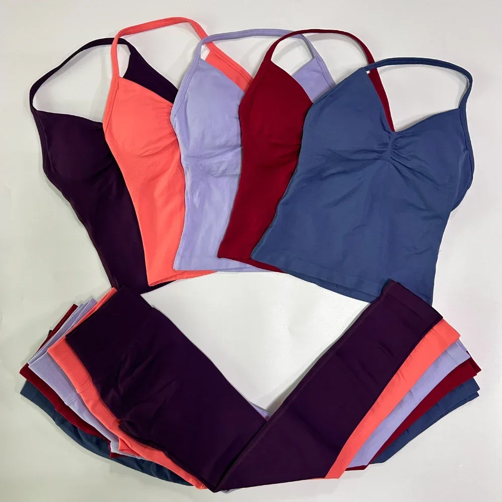Nahtloses Gym-Set für Damen: Tanktops, High-Waist-Scrunch-Yoga-Leggings, Fitnesskleidung, Workout-Sets, Sportbekleidung, Gym-Anzug, Activewear – Detail 11