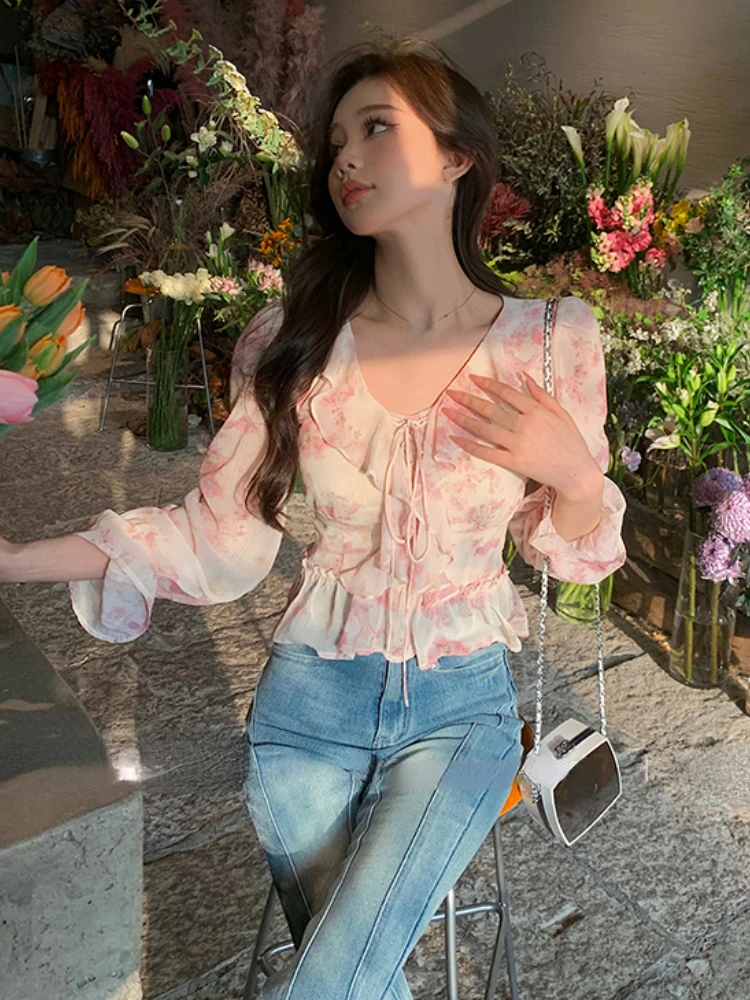 Chiffon Print Elegant Vintage Blouse Women Flare Sleeve Fairy Sweet Blouse Female Ruffles France Style Causal Tops Summer 2023