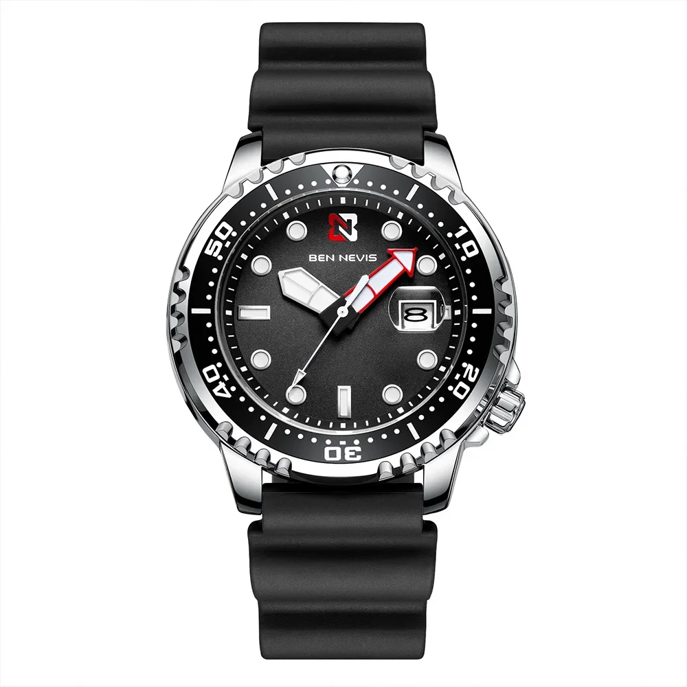 44mm BEN NEVIS Quartz Watch Quartz Movement Luxury Silicone Strap Black Diving Water Ghost Style Wristwatch