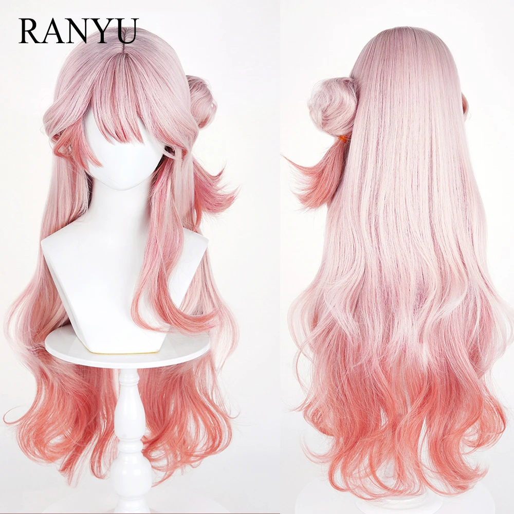 

Ombre Pink Synthetic Long Wavy Wigs with Bangs Bun Clip Anime Game Cosplay Fluffy Wig Heat Resistant Fiber for Daily Party