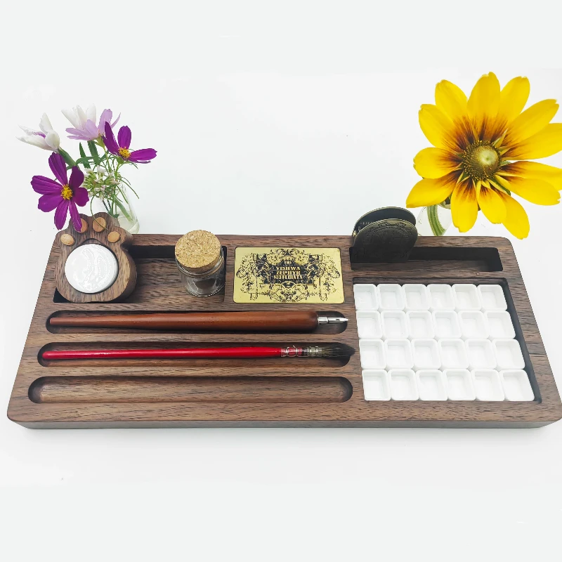 30.5cm Wooden Pigments Desktop Tray Art Tools Storage Rack Sketching Painting Water Color Sub-package Paintbrush Storage Plate