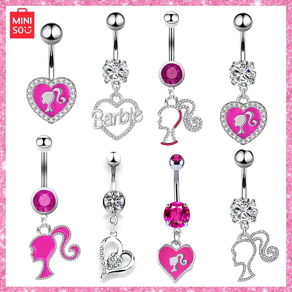 

New Miniso Barbie Sweet Cool Fashion Heartshaped Navel Ring Full of Diamond Pendant Navel Ring Piercing Navel Nail Valentin Gift