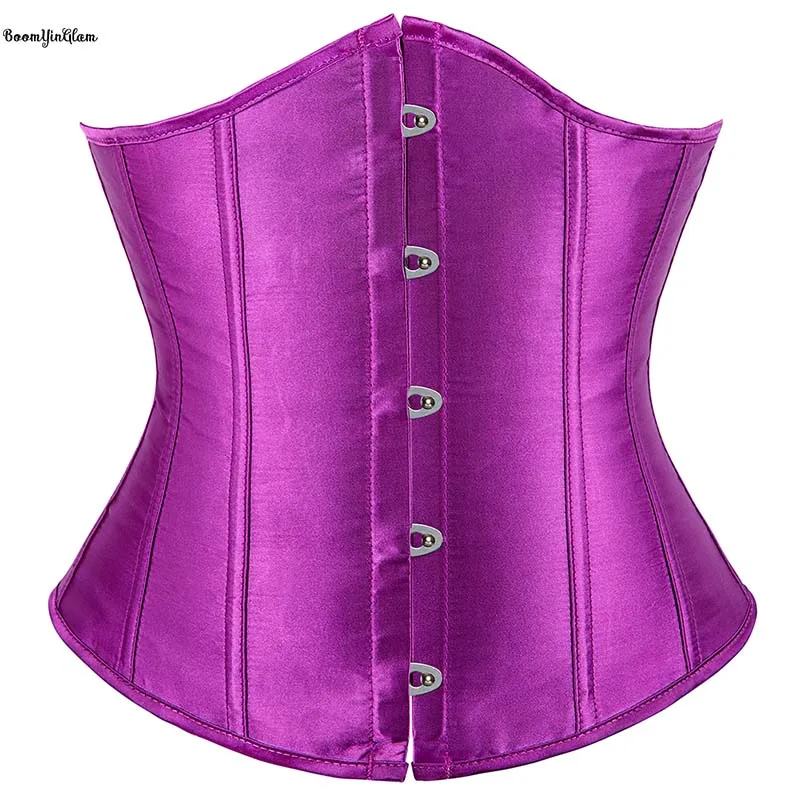 Pink Purple Red Brown Blue Black 5 Brooches Women Gothic Corselet Satin Solid Underbust Corset  Plus Size XS-XXL