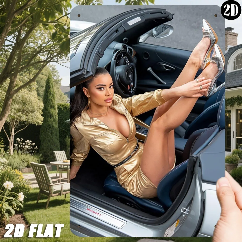 2D شقة ، JIT ريترو الحديد معدن تسجيل 8in * 12in فستان ذهبي سيدة نموذج سيارة شعار-رجل الكهف ورشة عمل حانة زخارف الحائط