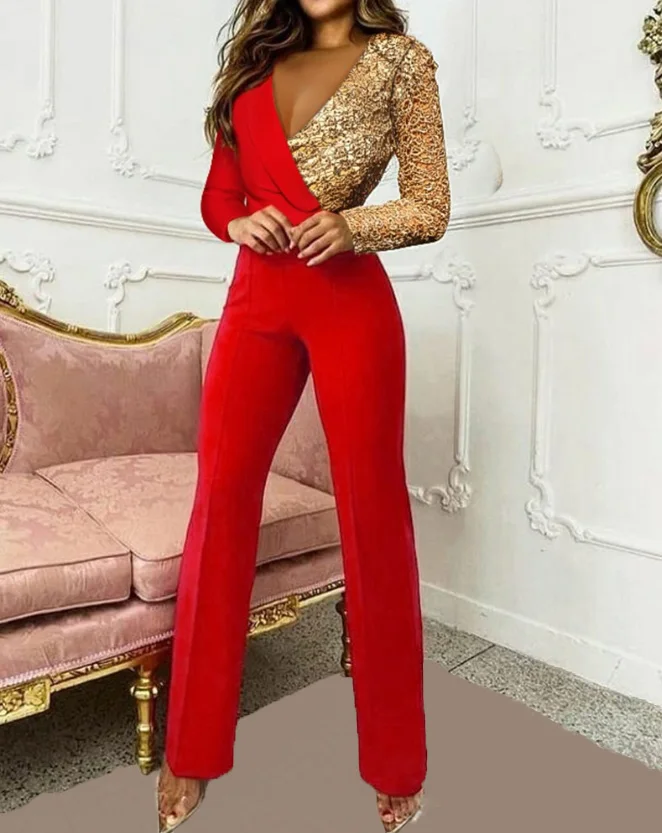 

Women's Jumpsuit Elegant Commuting Fashion Work Colorblock Contrast Sequin Turn-down Collar Long Sleeve Skinny Blazer Jumpsuit