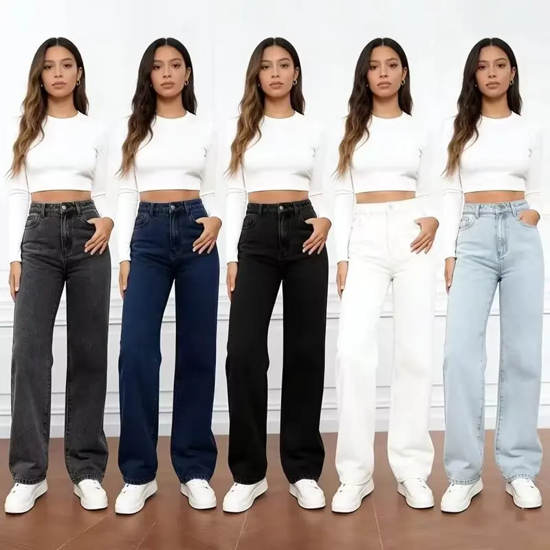 Pantalones vaqueros negros y grises de pierna ancha para mujer, de cintura alta, holgados, que estilizan y de corte recto para otoño