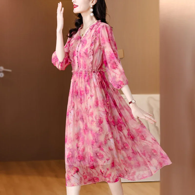 Real Silk Mulberry Silk Dress Summer 2024 New Style French Skirt Gentle and Aging Reducing Foreign Style Fragmented Flower Skirt