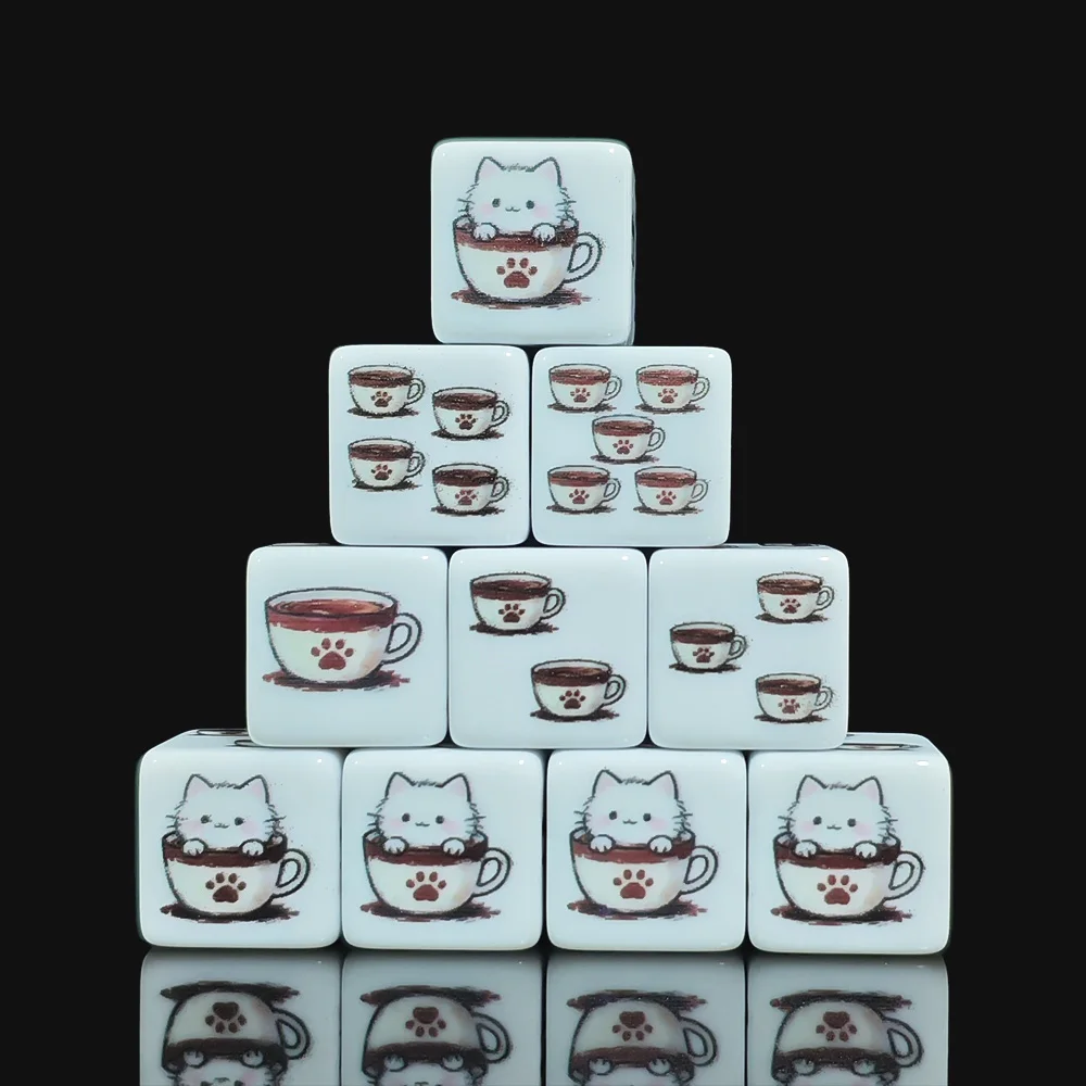 12PCS Acrylic 16MM D6 Dice , Cat Coffee Cup Cubes, DND RPG MTG Tabletop Game, Math Party Gift Pet Lovers Collectors
