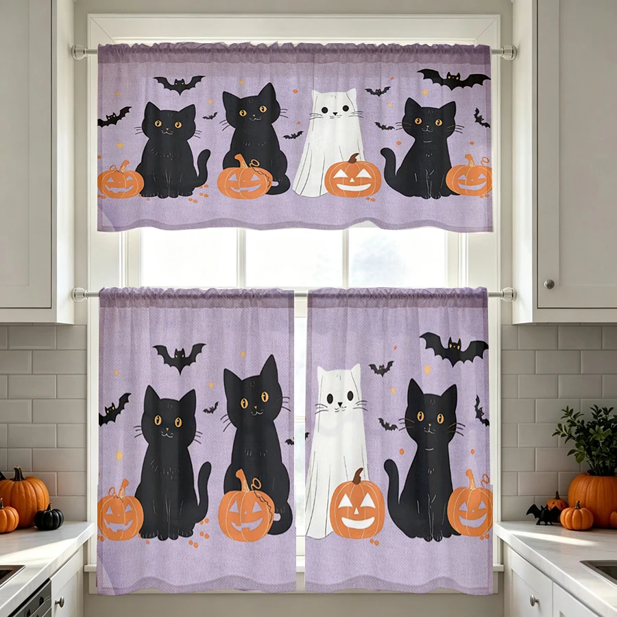 Halloween Fall Kitchen Curtains, Three Black Cats, Digital Print, Kitchen Dining Room, Rod Pocket Polyester, Home Decor