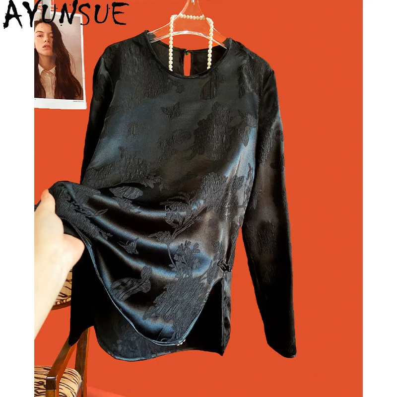 

AYUNSUE 96% Silk Women's Blouses Chinese Style Long Sleeve Tops for Woman Elegant O-neck Top Woman Clothes Spring Одежда Женская