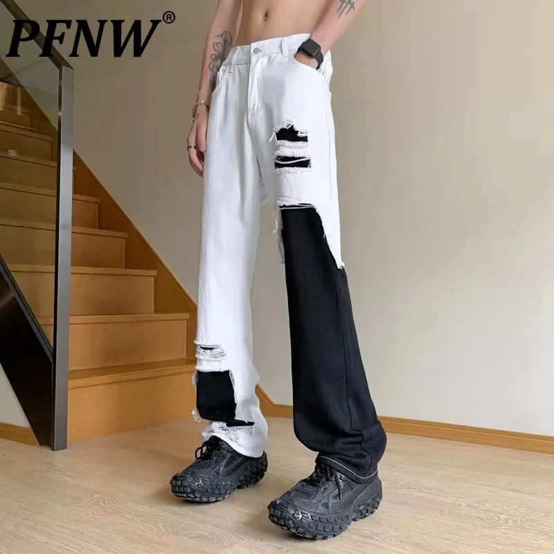 

PFNW American Spliced Ripped Hole Design Jeans Men's High Street Niche Slimming Straight Leg Pants Trousers Autumn Trend 28W4707