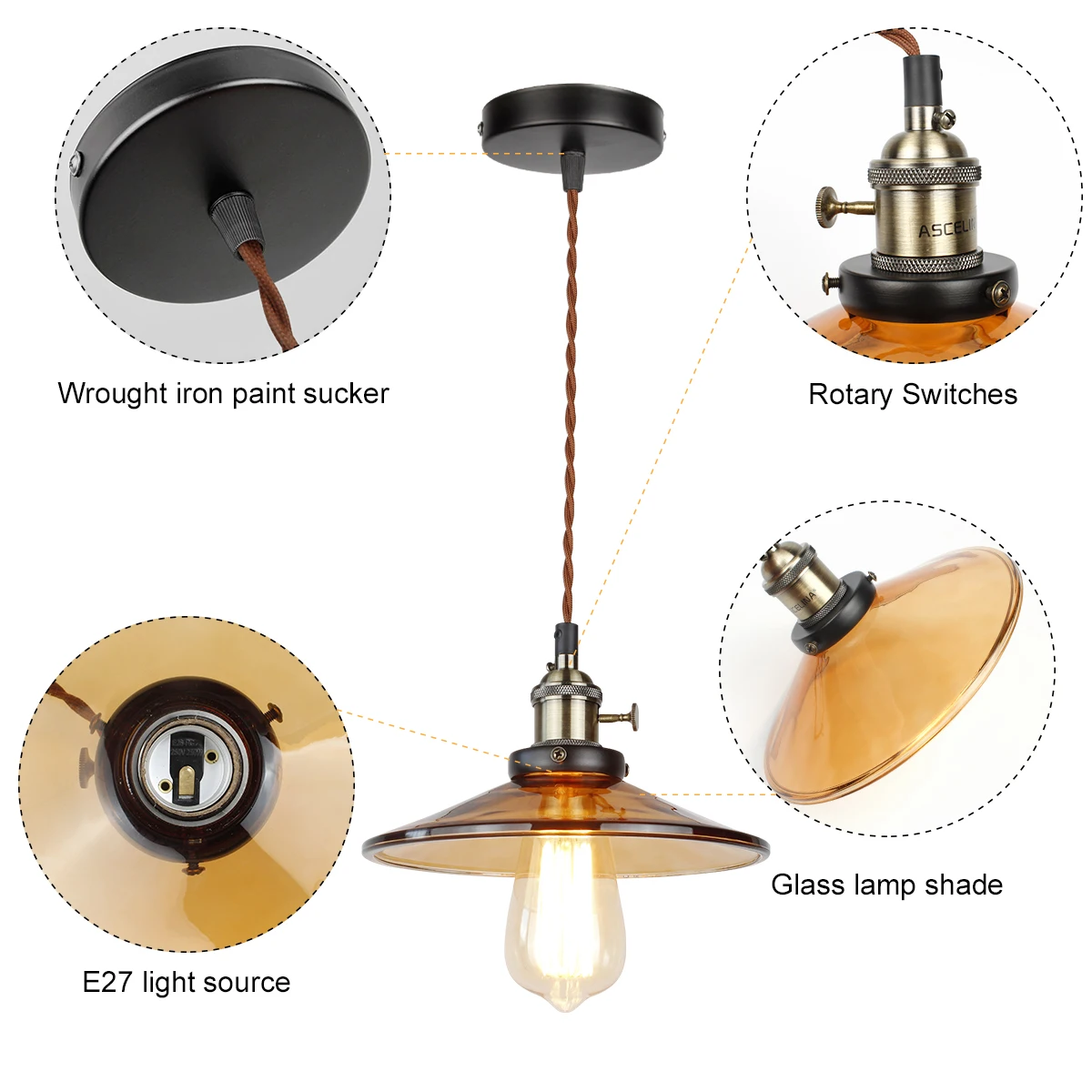 Vintage Pendant Lights Glass Hanging Lamp Loft Luminaire Dinning room Kitchen Home Decor Modern Bedroom Pendant Lamps Smoke Grey