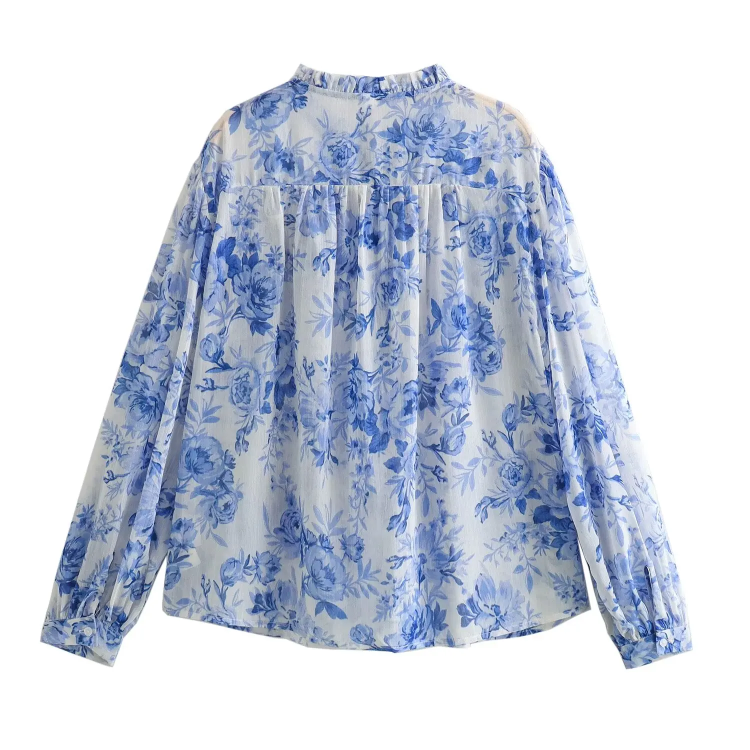 Withered Tops French Retro Blue Floral Blouse Women Chiffon Shirt Fashionable Eleagnt Ladies Commuting Casual Shirt Women