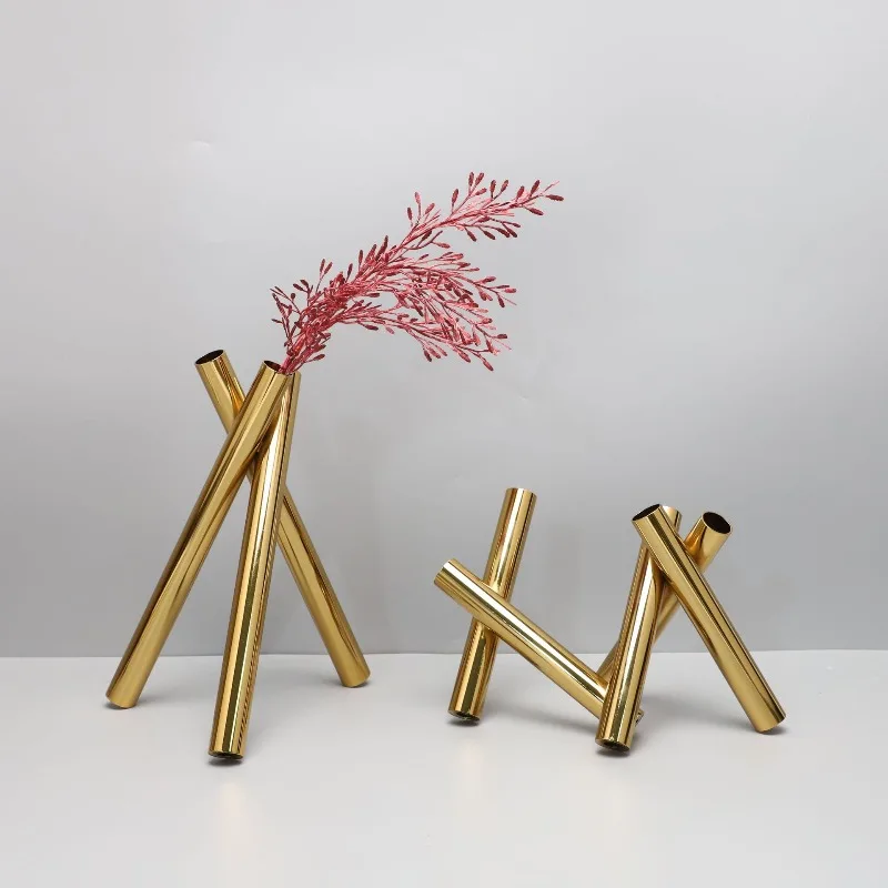 Modern Minimalist Stainless Steel Geometric Flower Vase Tube Flower Ornaments Tripod Dried Flower Arrangement Vessel Home Decors