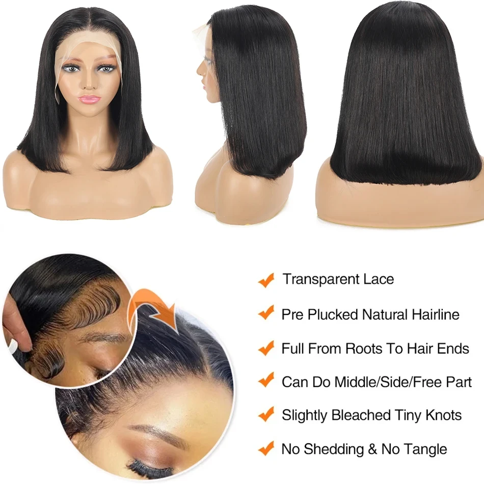 Perucas curtas de osso para mulheres, cabelo humano frontal 13x6, pré arrancado com cabelo de bebê, perucas de renda frontal HD