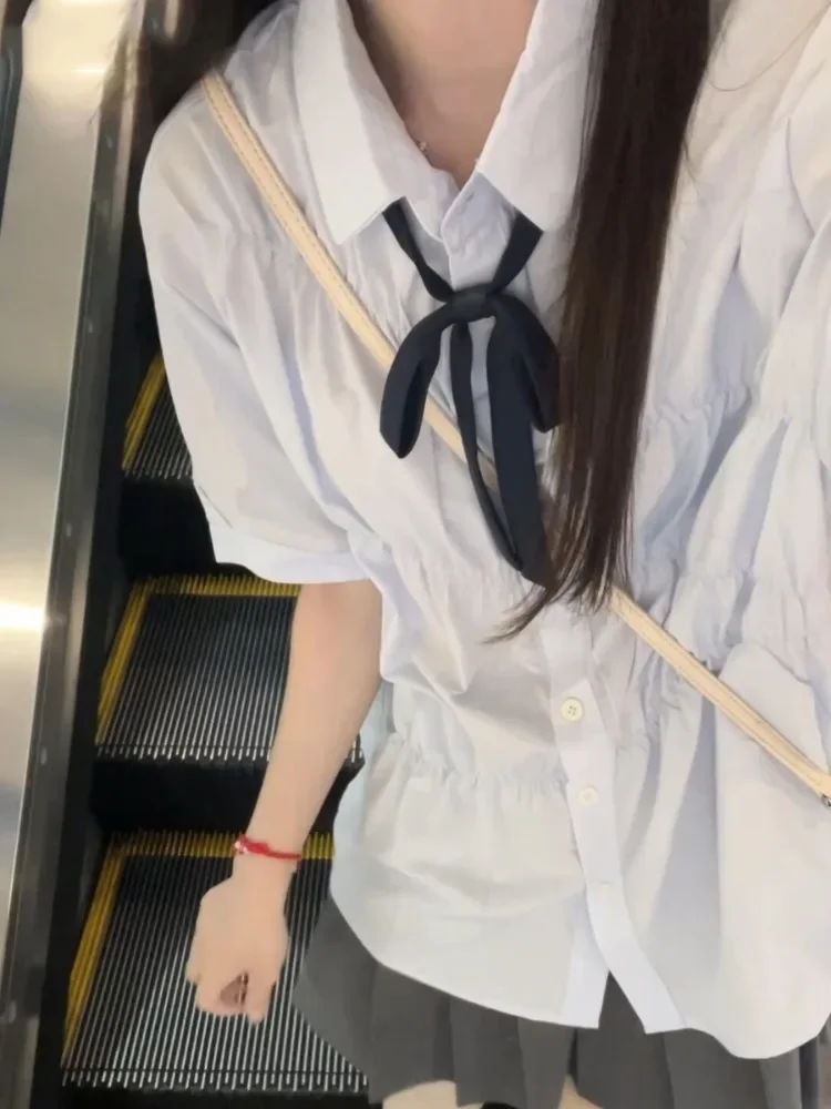 

Summer Japanese Preppy Blue Blusas Casual Turn-down Collar Vintage Short Sleeve Cute Bow Blouse Y2k Aesthetic Women Pleated Tops