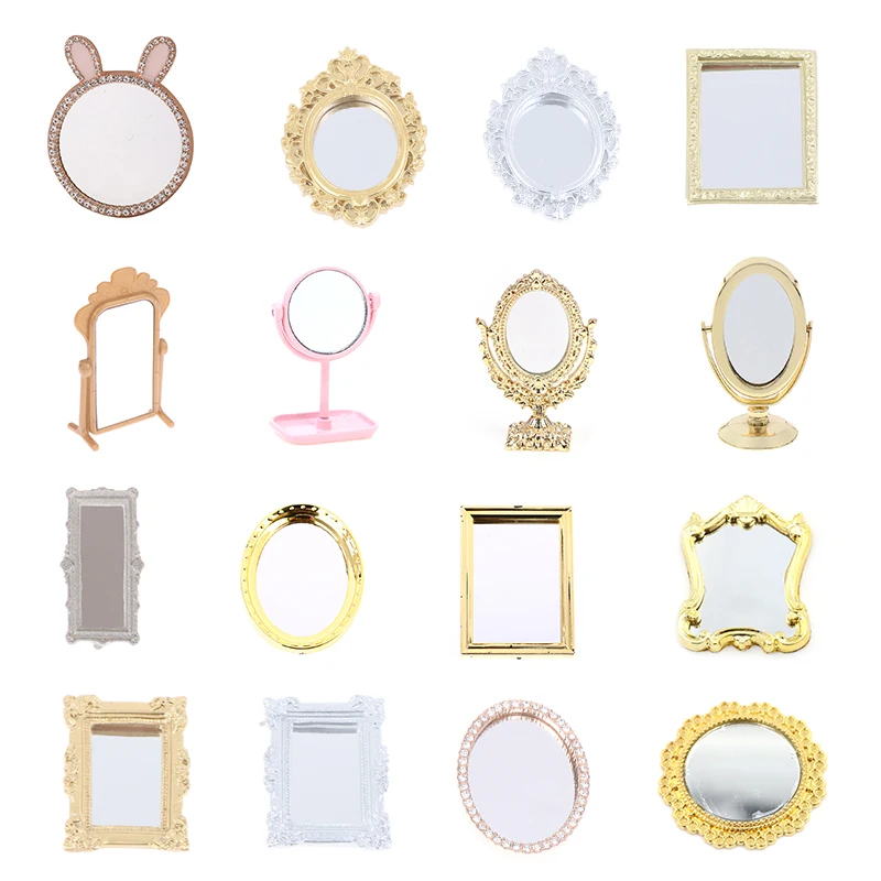 1/12 Dollhouse Mini Dressing Mirror Golden Frame Makup Mirror Model Simulation Fitting Room Furniture Supplies Ornaments