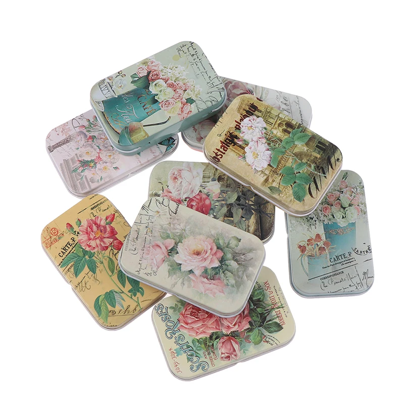 1 Pc Vintage Flower Printed Small Tin Box Metal Storage Case Empty Candy Coin Pill U Disk Organizer Container Hinged Box