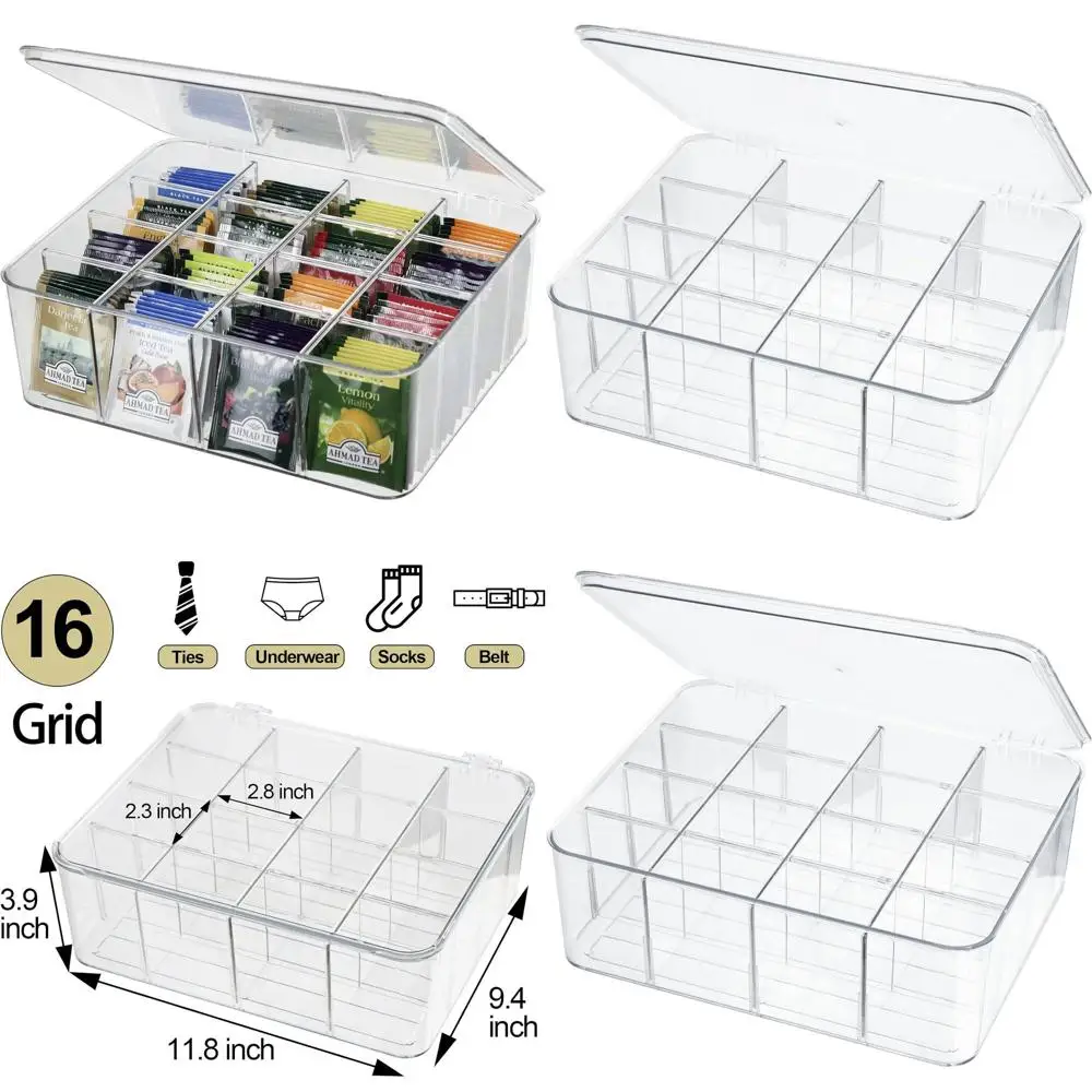 

16-Section Clear Plastic Drawer Organizer with Lid, Versatile Storage for Undergarments, Accessories, and Lingerie