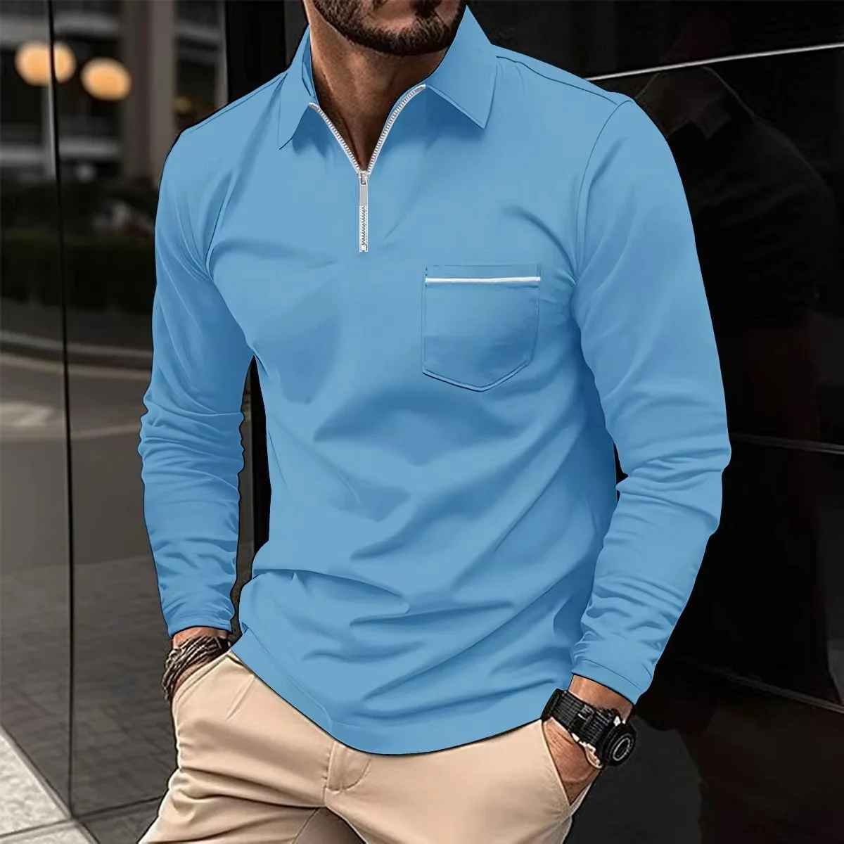 Fashion spring and autumn new high quality Polo shirt lapel long sleeve leisure pocket business Polo shirt top